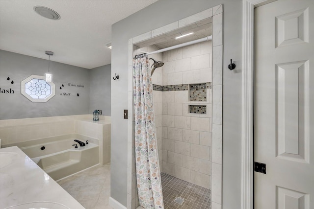 213 Oak Ln, Waynesboro, GA 30830 - bathroom with a shower stall, a bath, tile patterned flooring, and vanity