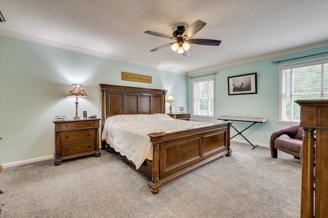 213 Oak Ln, Waynesboro, GA 30830 - bedroom with ornamental molding, a textured ceiling, multiple windows, light colored carpet, and baseboards