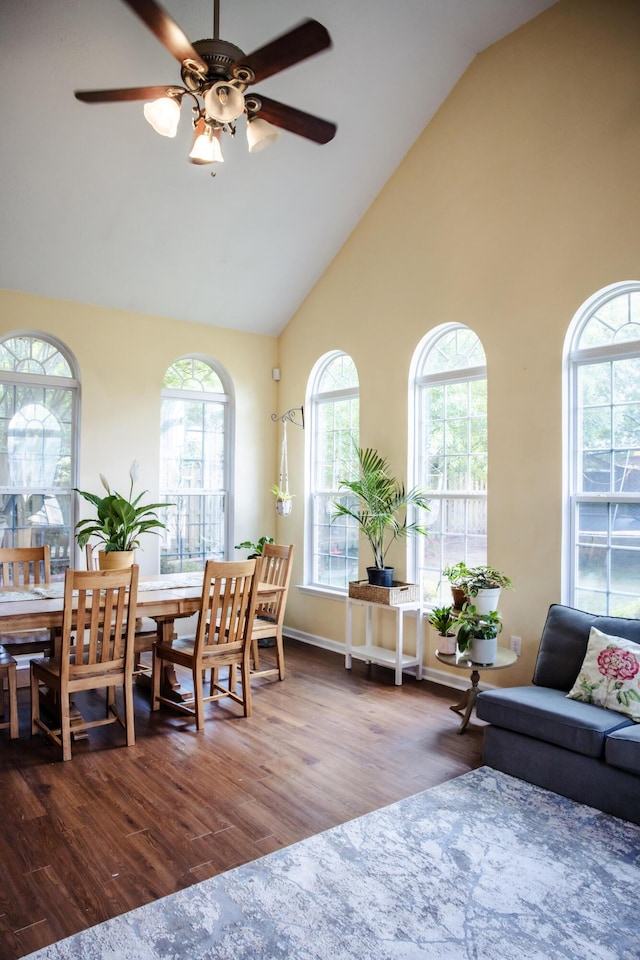 4725 Park Ridge Ct, Evans, GA 30809 - dining space with high vaulted ceiling, a ceiling fan, and wood finished floors