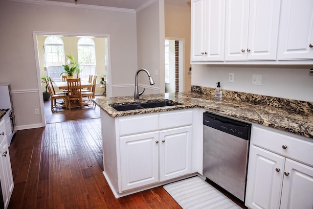 4725 Park Ridge Ct, Evans, GA 30809 - kitchen featuring stainless steel dishwasher, ornamental molding, a peninsula, dark stone counters, and a sink