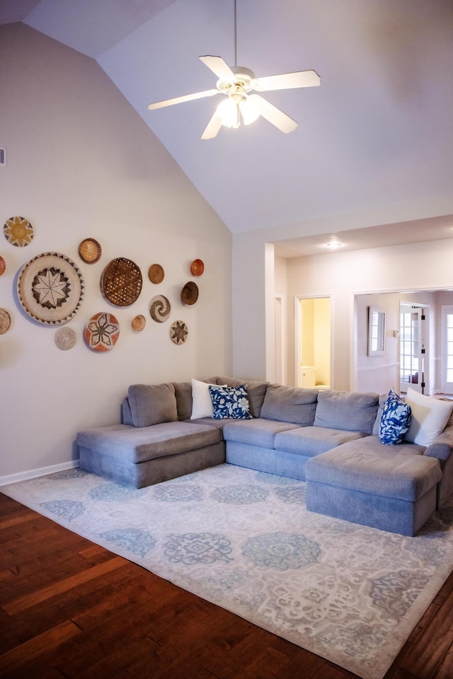 4725 Park Ridge Ct, Evans, GA 30809 - living area with high vaulted ceiling, a ceiling fan, baseboards, wood finished floors, and visible vents
