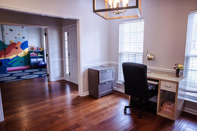 4725 Park Ridge Ct, Evans, GA 30809 - office featuring a healthy amount of sunlight, baseboards, hardwood / wood-style floors, and a chandelier