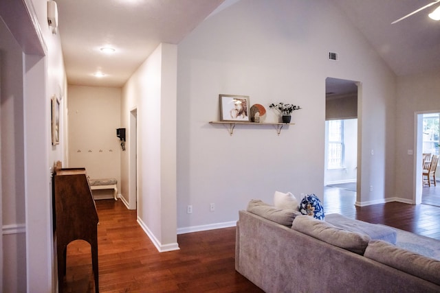 4725 Park Ridge Ct, Evans, GA 30809 - living area featuring baseboards, vaulted ceiling, dark wood-style floors, and visible vents