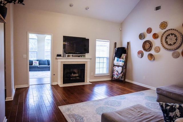 4725 Park Ridge Ct, Evans, GA 30809 - living room with a fireplace, hardwood / wood-style floors, baseboards, lofted ceiling, and visible vents
