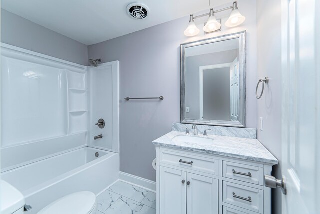 full bathroom with vanity, shower / bathtub combination, and toilet