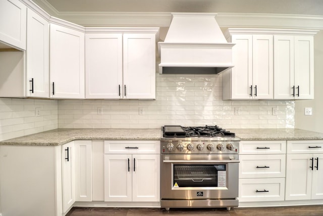1086 Birdie Pl, Graniteville, SC 29829 - kitchen featuring light stone counters, high end stainless steel range oven, tasteful backsplash, white cabinetry, and custom exhaust hood