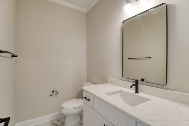 1086 Birdie Pl, Graniteville, SC 29829 - half bath featuring vanity, toilet, marble finish floor, baseboards, and ornamental molding
