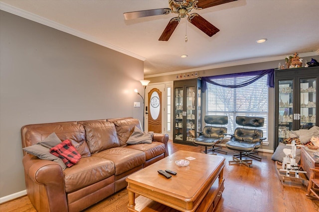 living room with ceiling fan, hardwood / wood-style floors, and crown molding