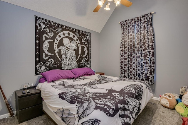 bedroom featuring carpet, vaulted ceiling, and ceiling fan