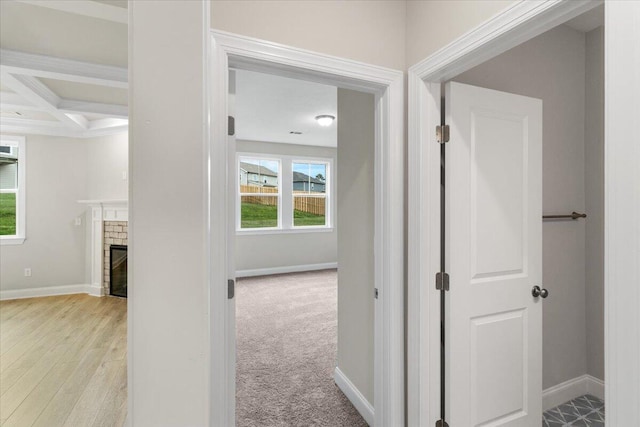 250 Prominence Dr, Grovetown, GA 30813 - hallway featuring beam ceiling, coffered ceiling, and wood finished floors