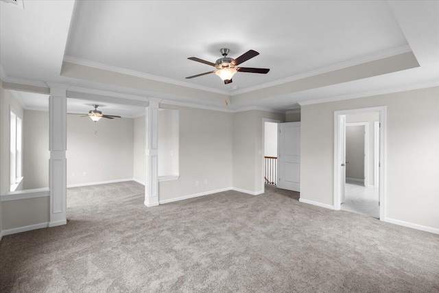 250 Prominence Dr, Grovetown, GA 30813 - unfurnished room with a ceiling fan, ornate columns, a tray ceiling, carpet flooring, and crown molding