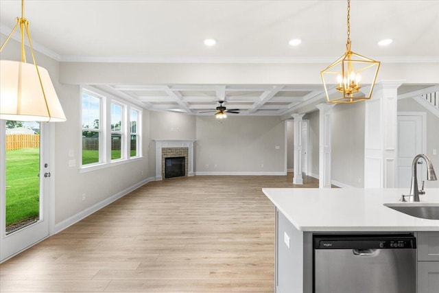 250 Prominence Dr, Grovetown, GA 30813 - kitchen with dishwasher, coffered ceiling, ceiling fan, recessed lighting, and light wood-type flooring