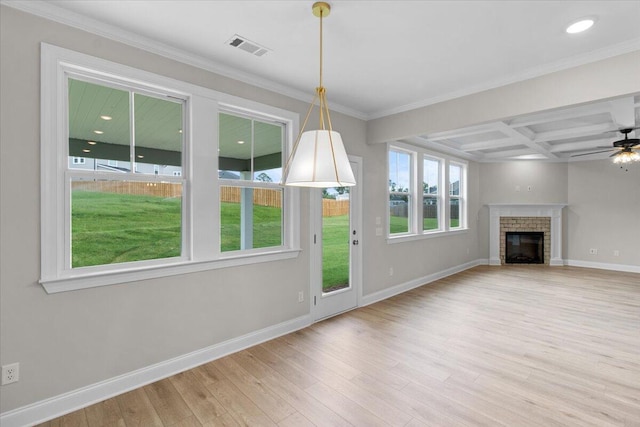 250 Prominence Dr, Grovetown, GA 30813 - unfurnished living room featuring wood finished floors, ceiling fan, coffered ceiling, a fireplace, and beamed ceiling
