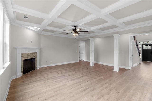 250 Prominence Dr, Grovetown, GA 30813 - unfurnished living room featuring a ceiling fan, light wood-style floors, coffered ceiling, a brick fireplace, and beamed ceiling