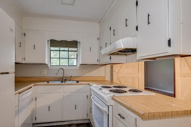 kitchen with white cabinets, white appliances, crown molding, and sink