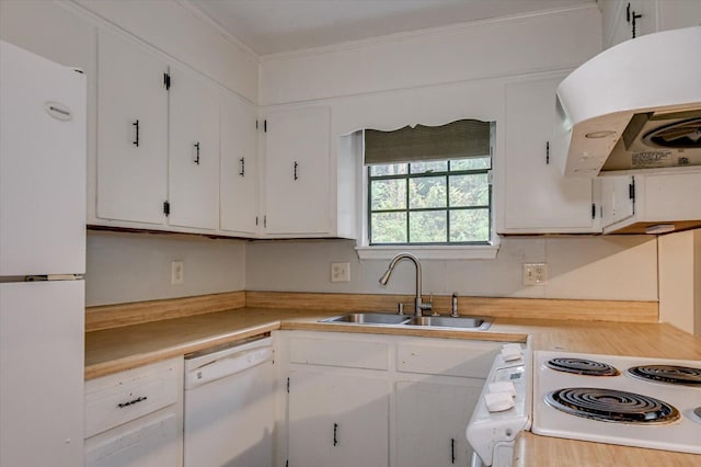 kitchen featuring white cabinetry, sink, extractor fan, and white appliances