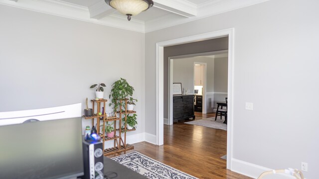 902 Adderley Ln, Evans, GA 30809 - hall with dark wood-type flooring, ornamental molding, baseboards, and beamed ceiling