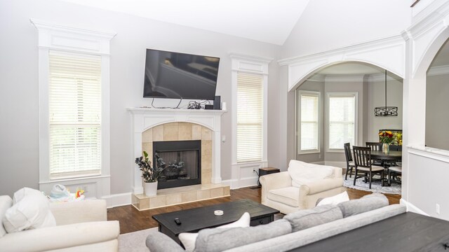 902 Adderley Ln, Evans, GA 30809 - living room featuring dark wood-style floors, vaulted ceiling, a tiled fireplace, and arched walkways