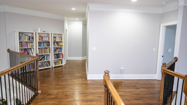 902 Adderley Ln, Evans, GA 30809 - hallway featuring an upstairs landing, wood finished floors, ornamental molding, baseboards, and recessed lighting