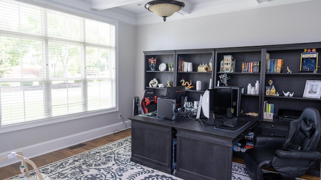 902 Adderley Ln, Evans, GA 30809 - home office with baseboards, wood finished floors, ornamental molding, and beam ceiling