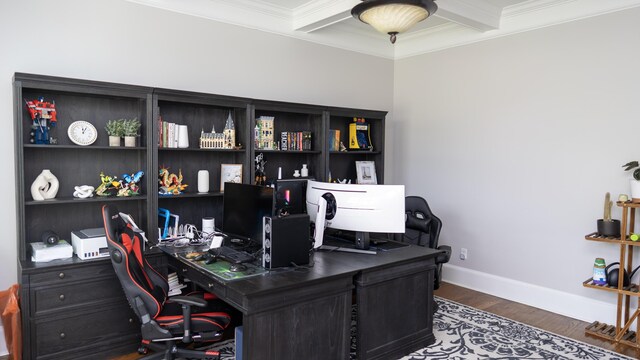 902 Adderley Ln, Evans, GA 30809 - office space with crown molding, wood finished floors, baseboards, and beam ceiling