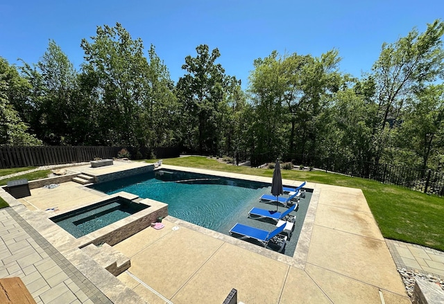 view of swimming pool featuring a fenced backyard, a patio area, and a lawn