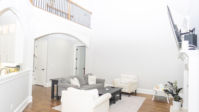 902 Adderley Ln, Evans, GA 30809 - living area featuring arched walkways, dark wood finished floors, baseboards, and a high ceiling