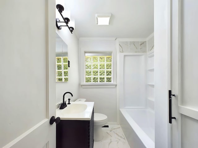1952 Satcher Blvd, Augusta, GA 30906 - full bath featuring marble finish flooring, vanity, toilet, bathtub / shower combination, and ornamental molding