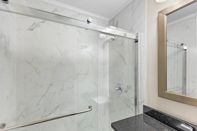 bathroom featuring crown molding and walk in shower