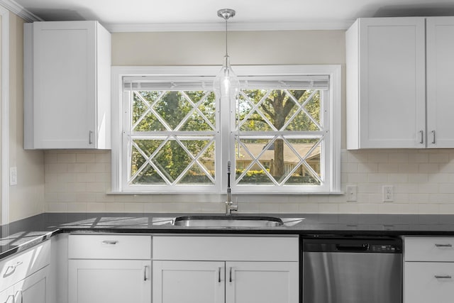 kitchen featuring dishwasher, white cabinets, hanging light fixtures, and sink