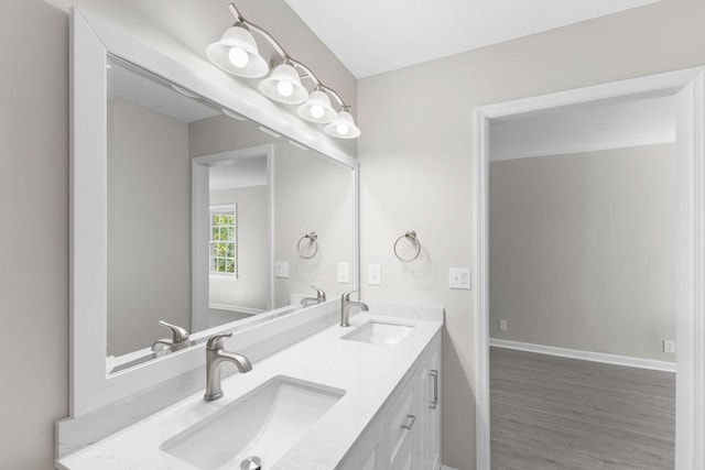 bathroom with wood-type flooring and vanity