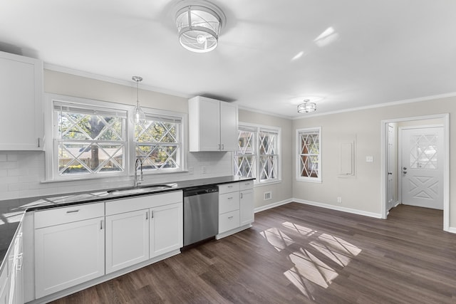 kitchen with tasteful backsplash, dark wood-type flooring, sink, dishwasher, and white cabinetry