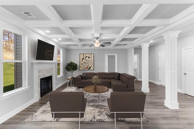 5065 Anna Way Unit Fb25, North Augusta, SC 29841 - living area with ornate columns, plenty of natural light, a ceiling fan, a fireplace, and coffered ceiling