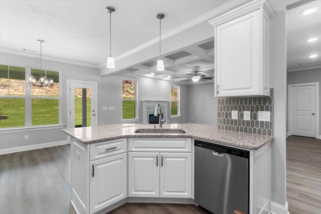 5065 Anna Way Unit Fb25, North Augusta, SC 29841 - kitchen with dishwasher, dark wood-style flooring, coffered ceiling, crown molding, and white cabinetry