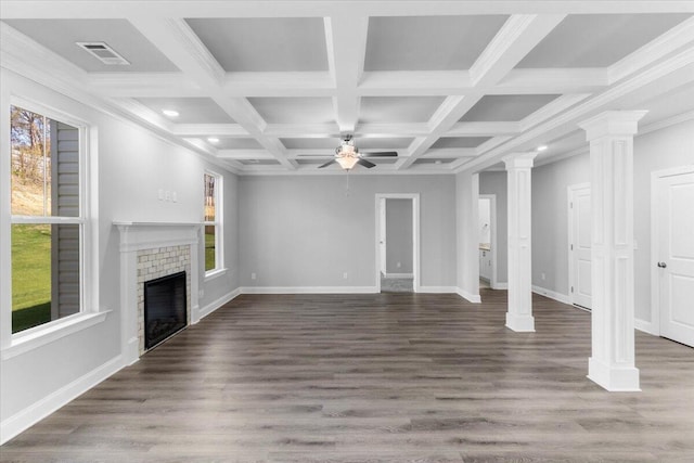 5065 Anna Way Unit Fb25, North Augusta, SC 29841 - unfurnished living room with plenty of natural light, a ceiling fan, decorative columns, a fireplace, and coffered ceiling