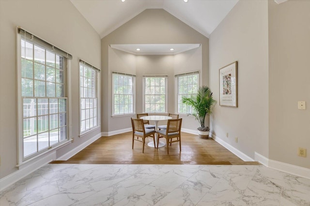 dining space featuring a wealth of natural light and lofted ceiling