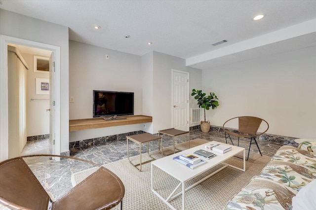 living room featuring a textured ceiling