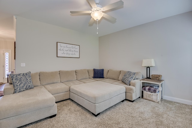 living room featuring carpet floors and ceiling fan