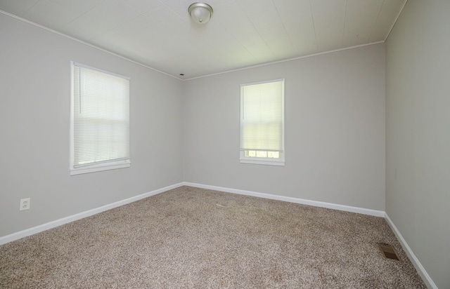 spare room featuring carpet flooring and ornamental molding