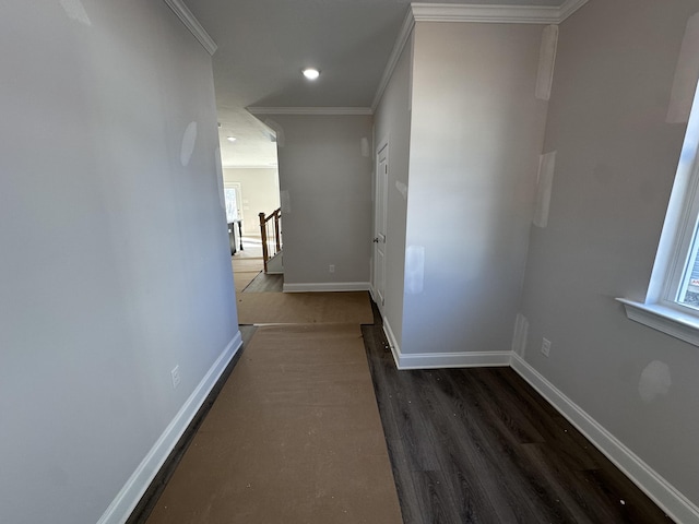 hallway with dark hardwood / wood-style flooring and crown molding