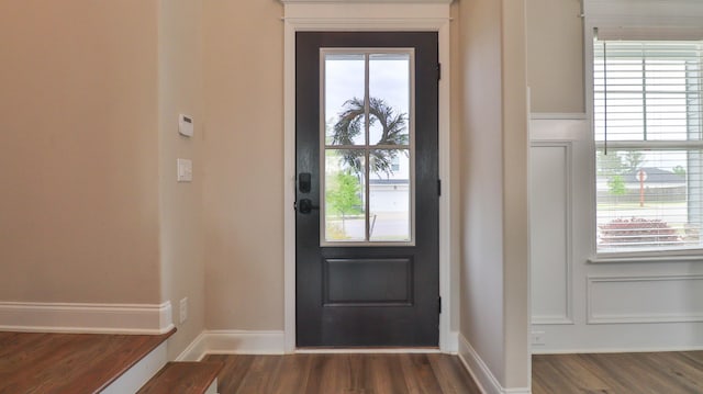 entryway with baseboards, plenty of natural light, and dark wood-style flooring