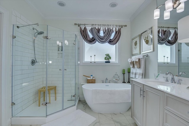 bathroom featuring a shower stall, marble finish floor, and ornamental molding