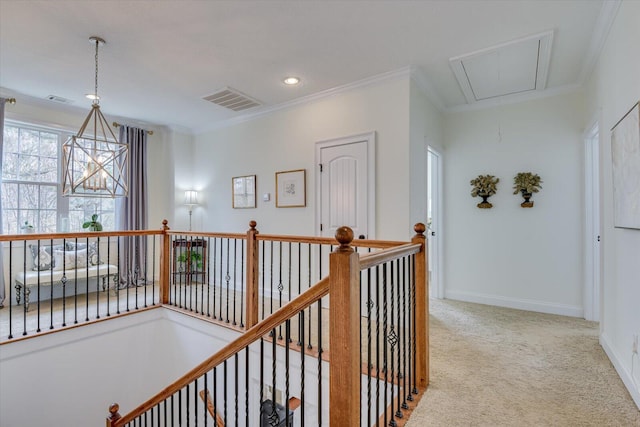 corridor featuring visible vents, attic access, carpet flooring, and crown molding