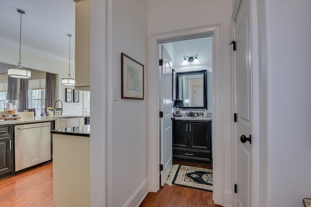 corridor featuring a sink, crown molding, and wood finished floors