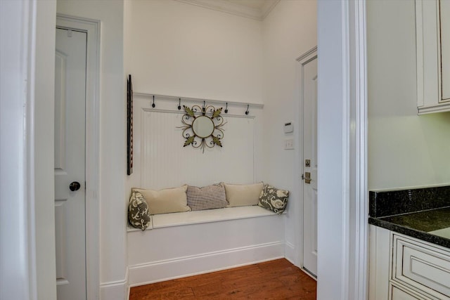 mudroom with dark wood-style floors