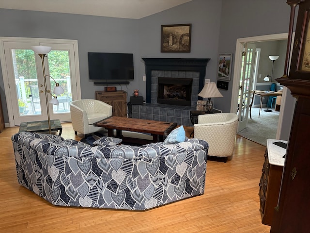 405 Sawgrass Cv, Mccormick, SC 29835 - living area with a fireplace, light wood-type flooring, and vaulted ceiling