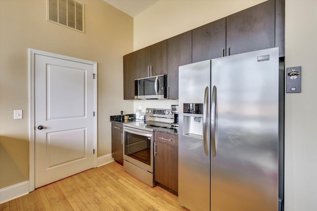 kitchen with dark brown cabinets, light hardwood / wood-style floors, and stainless steel appliances