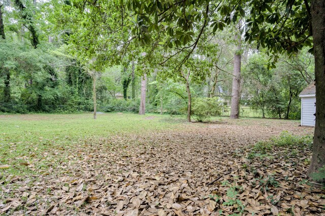 view of grassy yard with a wooded view