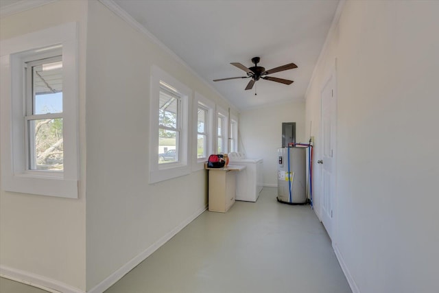 interior space featuring washer / clothes dryer, electric water heater, and crown molding
