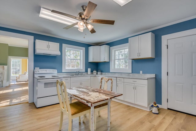 kitchen with white cabinets, electric stove, ornamental molding, and light hardwood / wood-style flooring